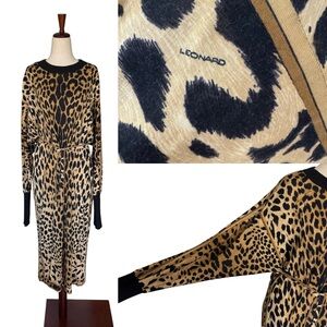 Vintage 80s LEONARD Paris Leopard Cheetah Wool Silk Dress Animal Print Medium